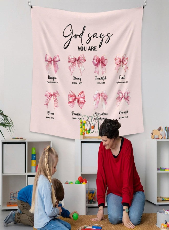 XLDLIOO Pink Coquette Bow Christian Wall Tapestry, Scricpture God says You Are Unique Strong Wall Tapestry Hanging for Girly Room Bedroom, Preppy Tapestries Wall Decor Art for Teen Girls Dorm 60x50in - Image 4